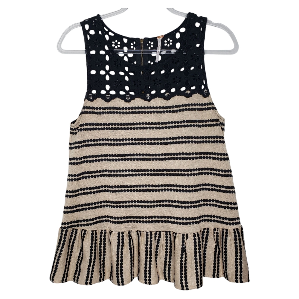 Free People Molly's Tank Size M Black Tan Striped Peplum Eyelets Ruffle Blouse